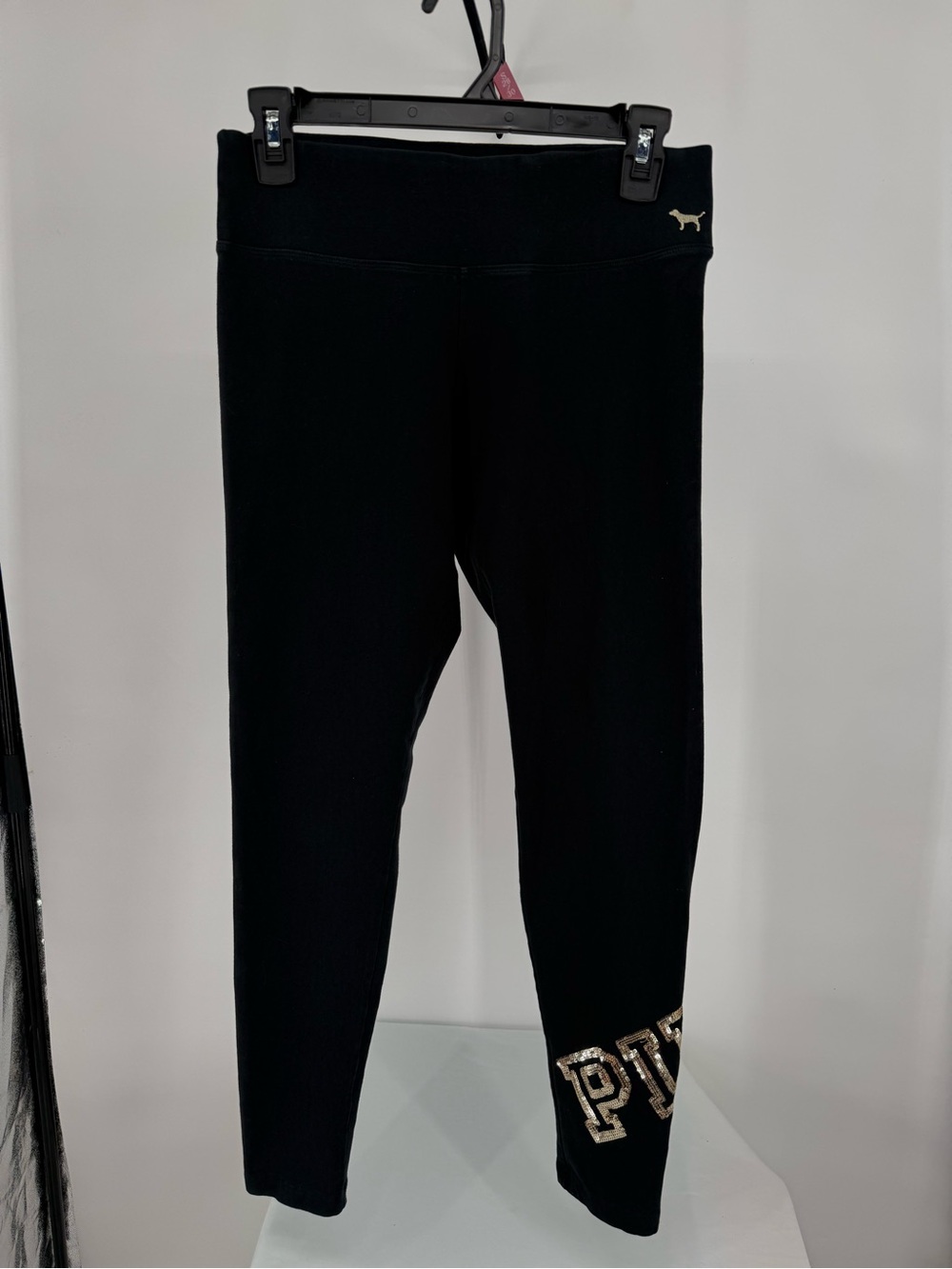 PINK Victoria's Secret Black Logo Leggings with Gold Accents
